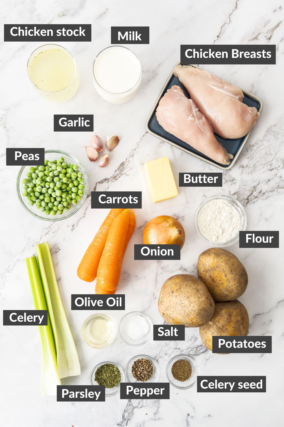 ingredients on a marbled board.