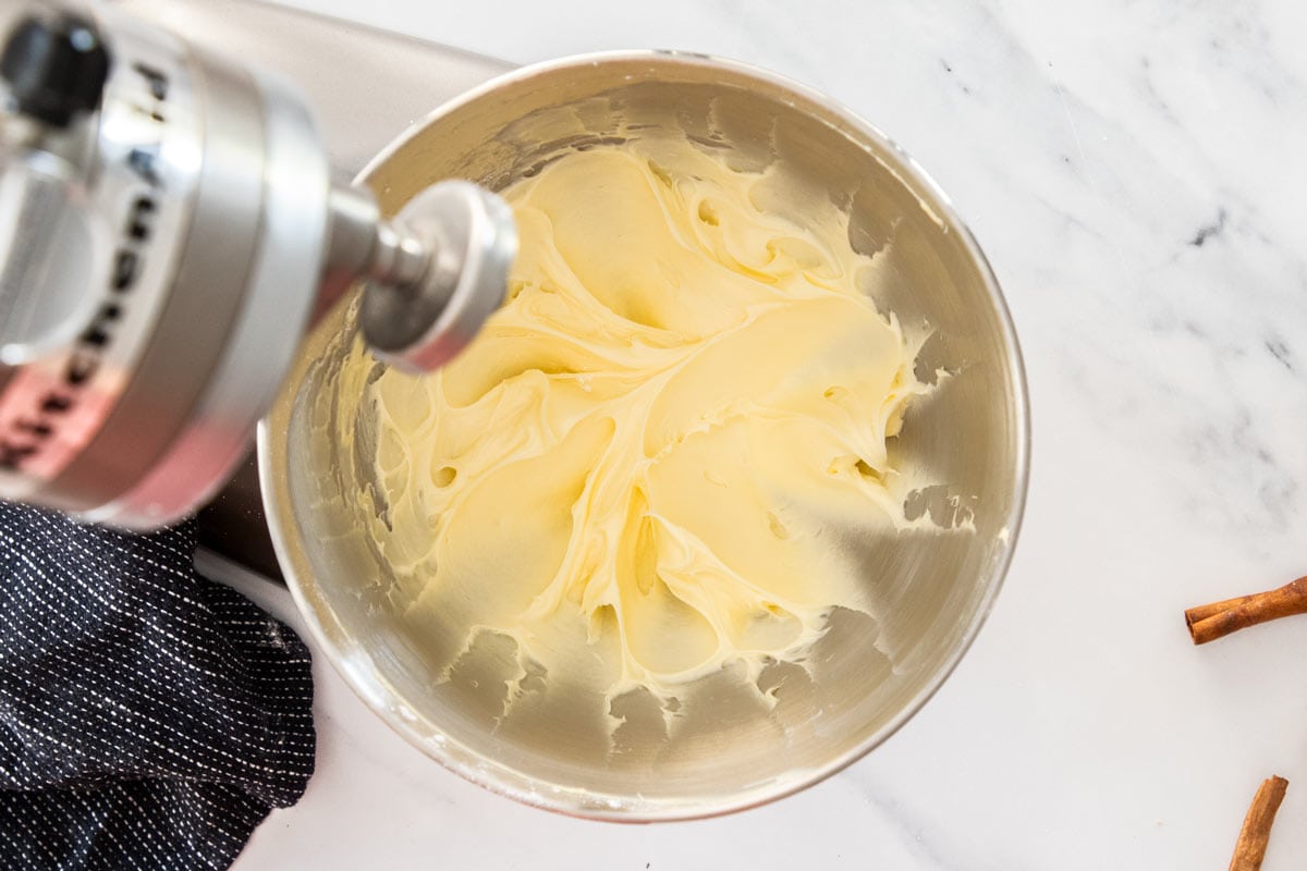 cream cheese frosting in a mixing bowl.