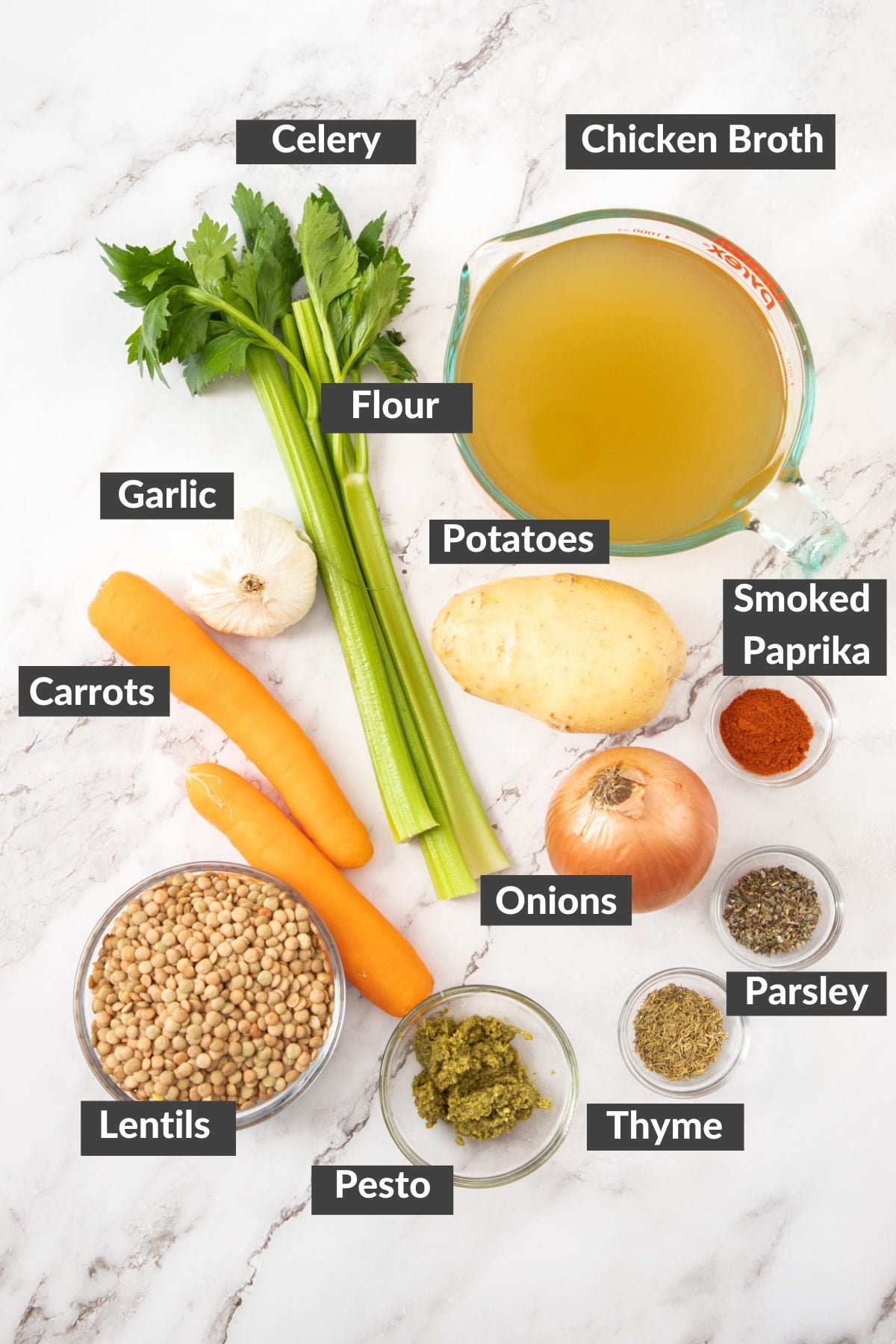 ingredients on a marbled board.