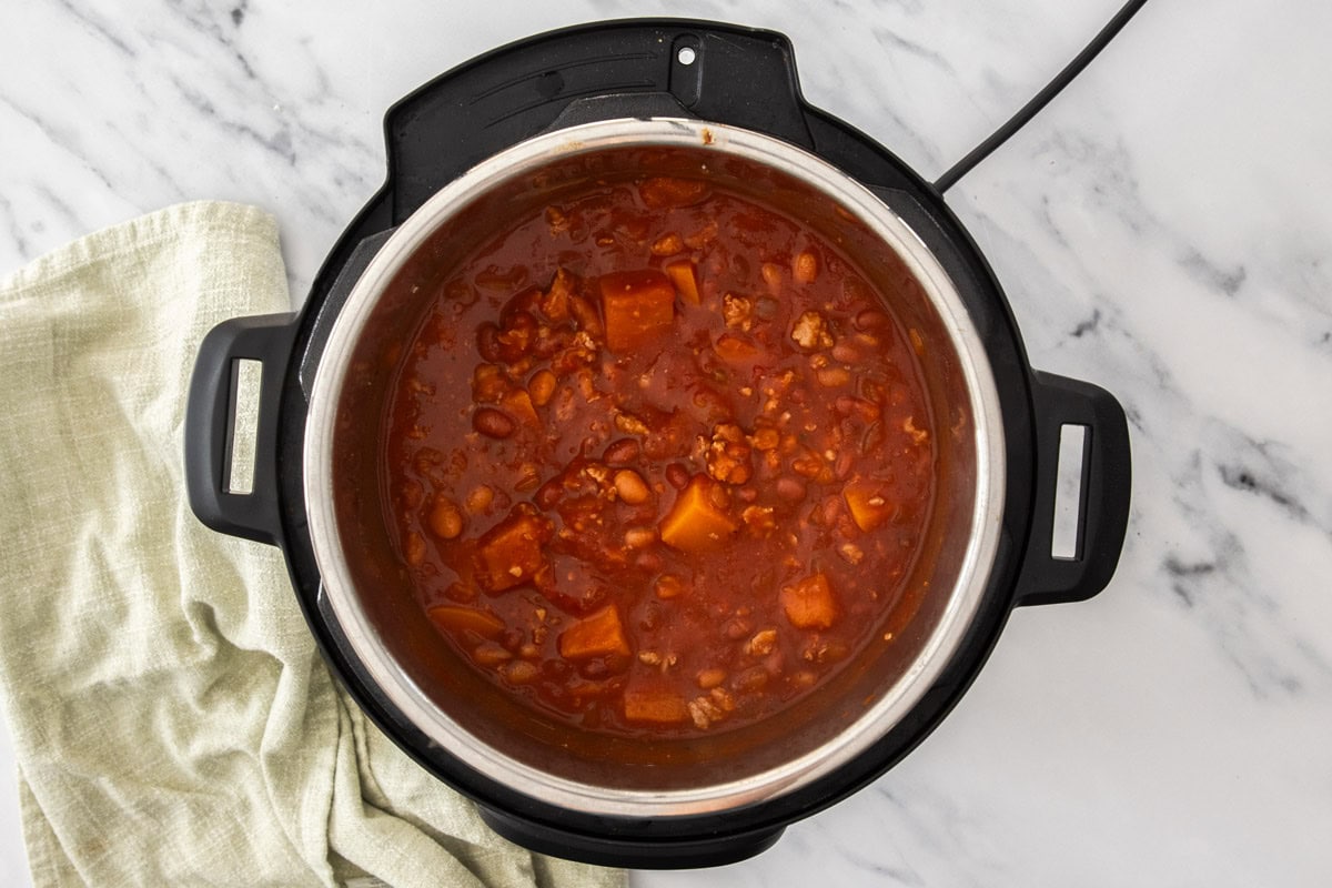 butternut squash chili in a pressure cooker.