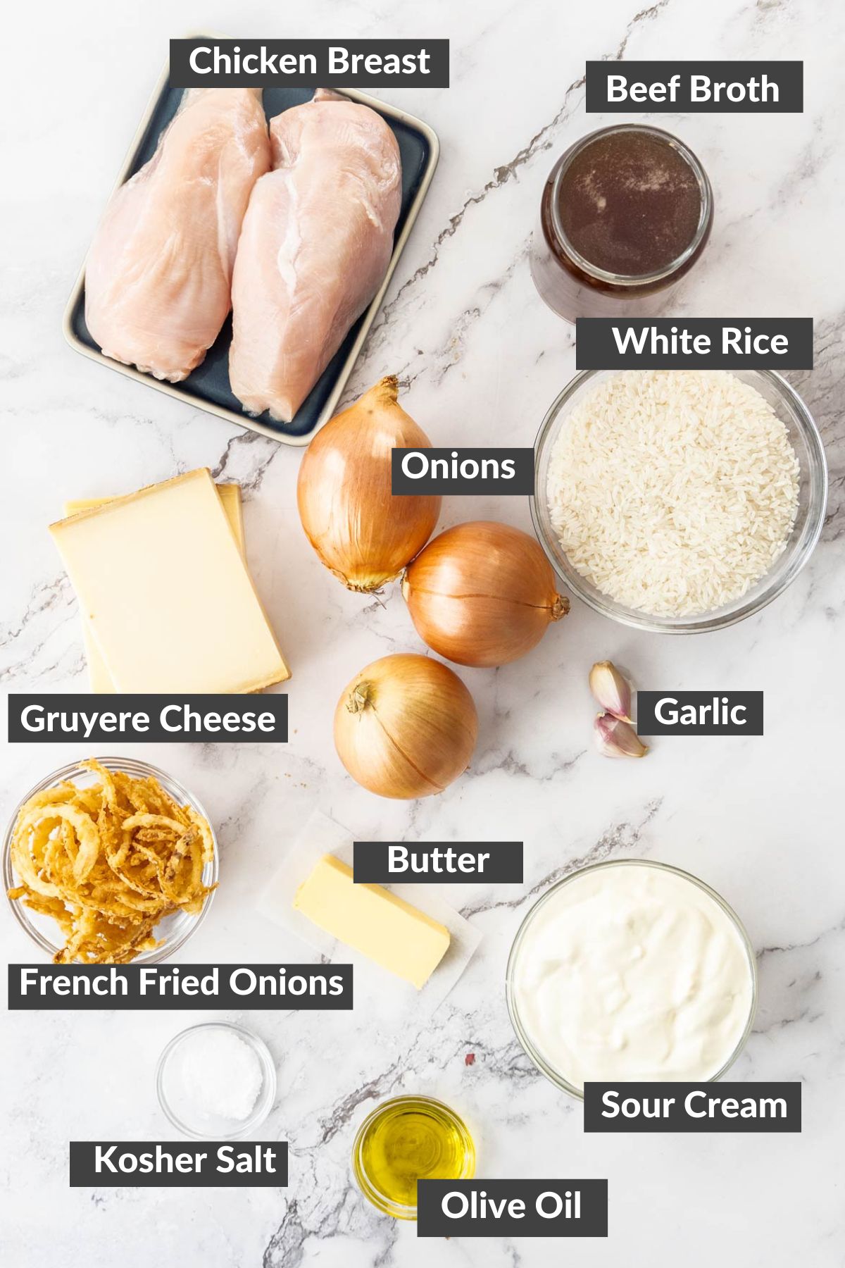 ingredients on a marbled board.