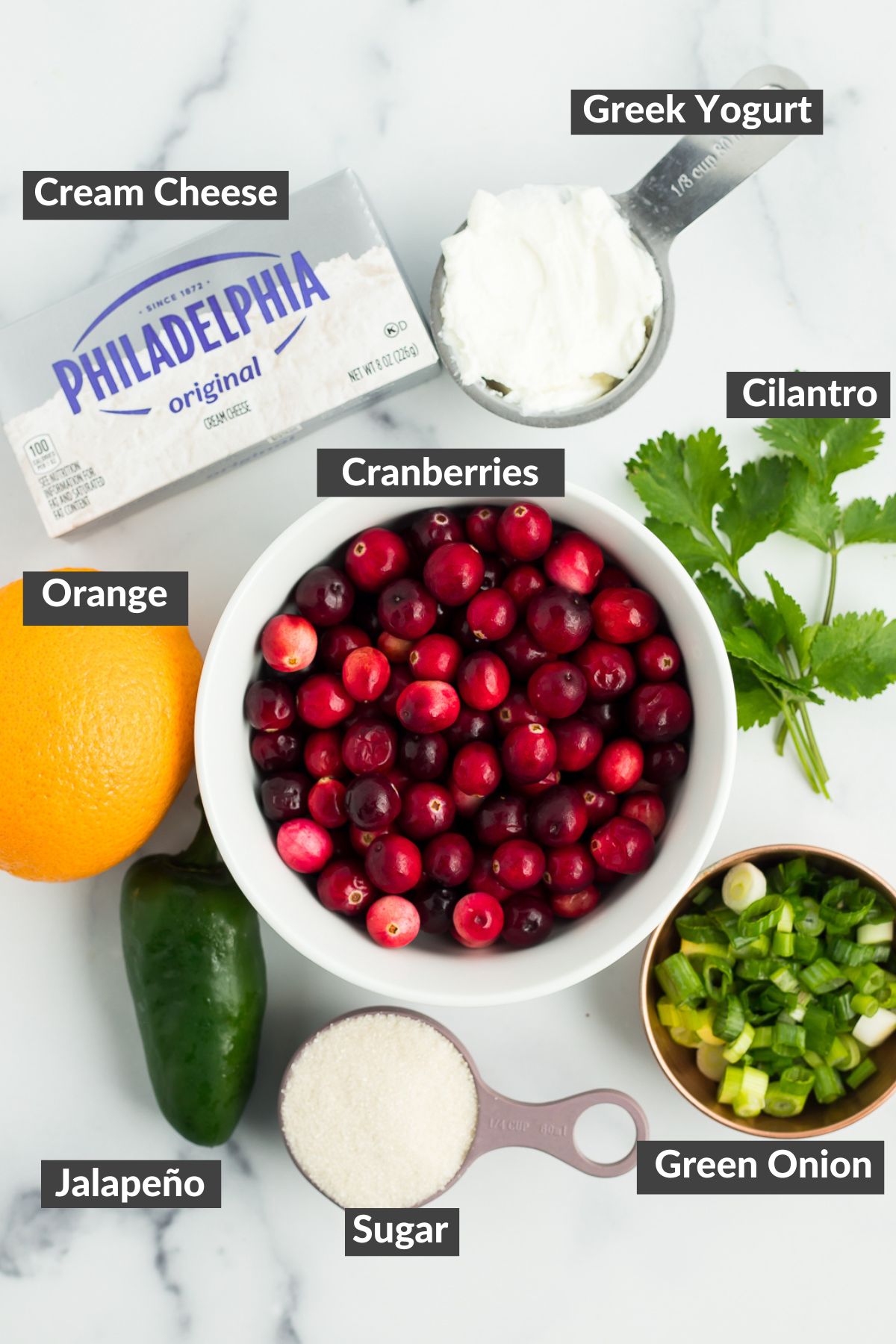 ingredients on a marbled board.