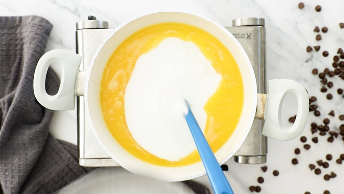 butter, milk, and sugar in a saucepan.