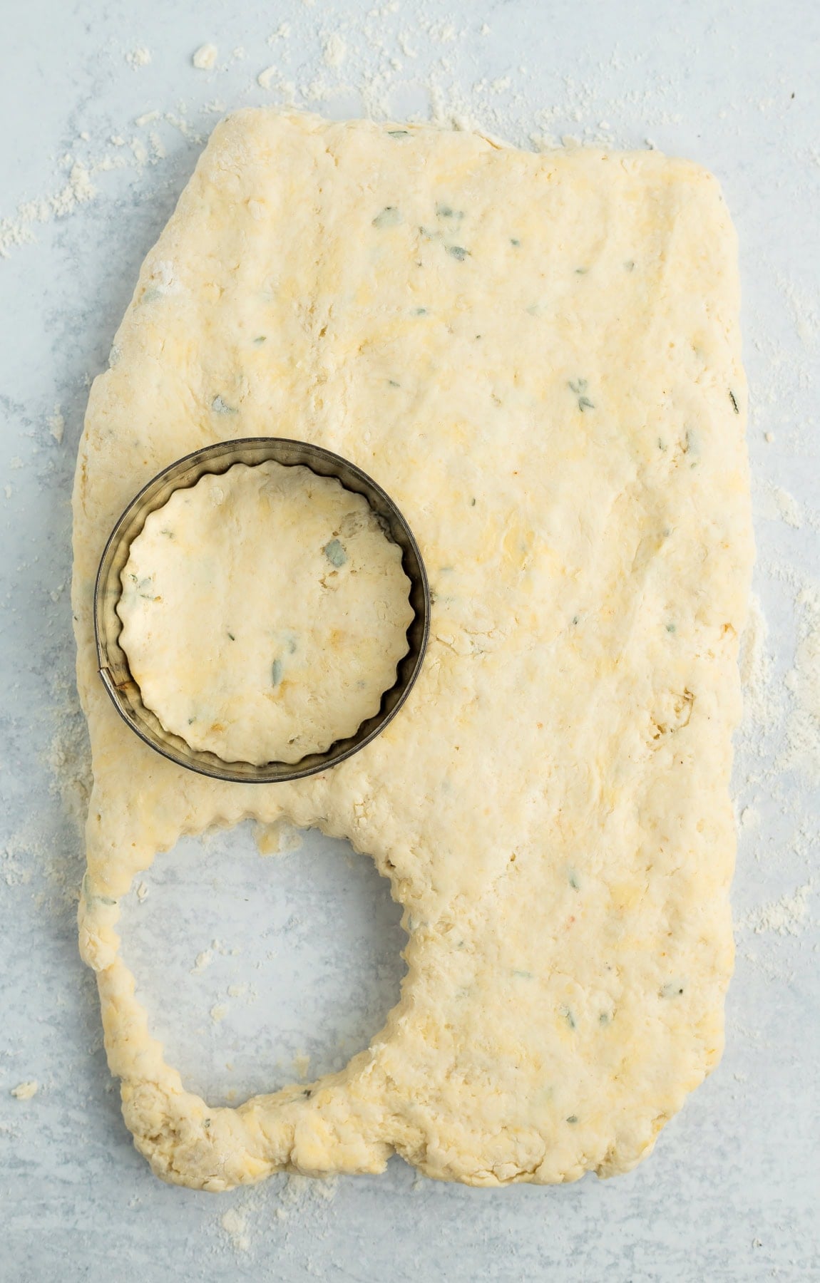 a biscuit cutter in unbaked dough.