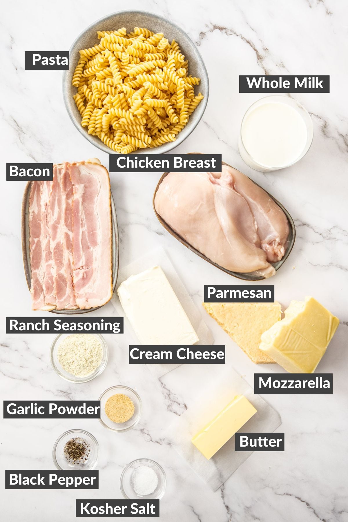 ingredients on a marbled board.
