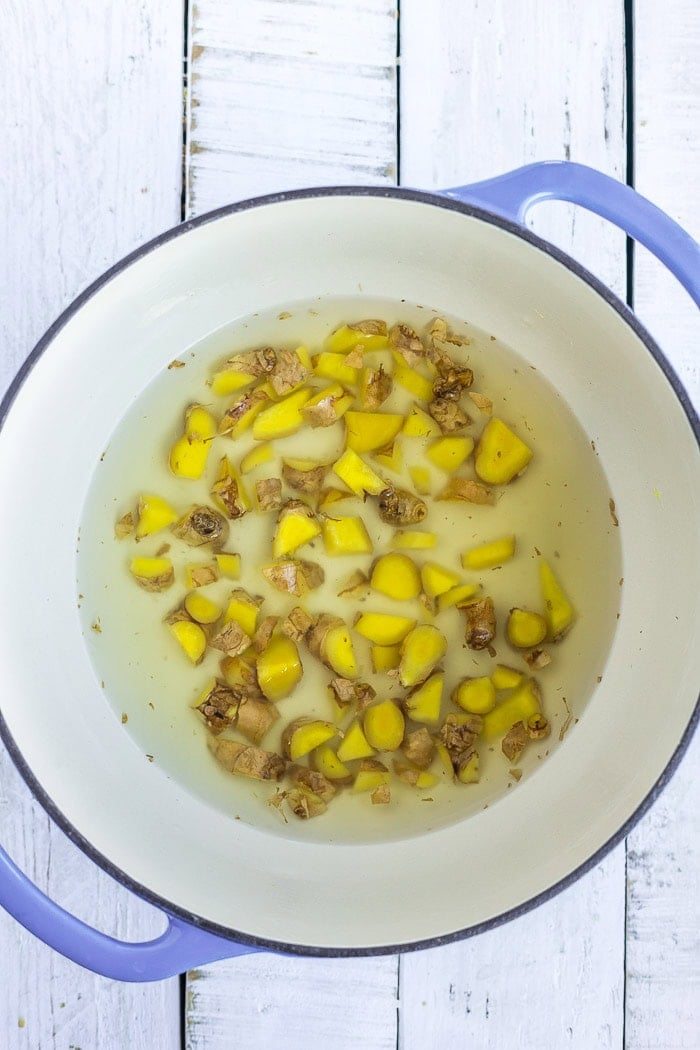 Chopped ginger in water.