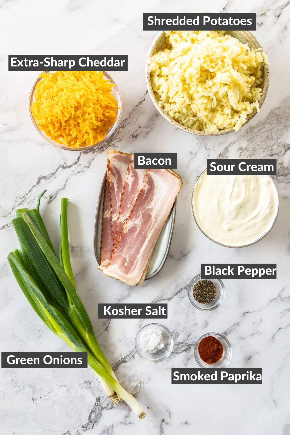 ingredients on a marbled board.