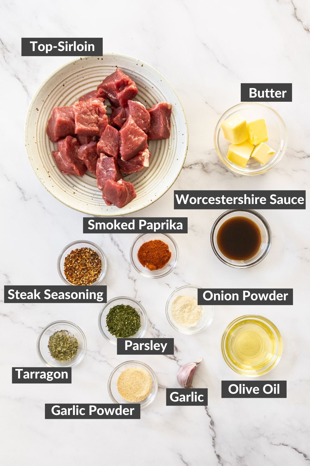 ingredients on a marbled board.
