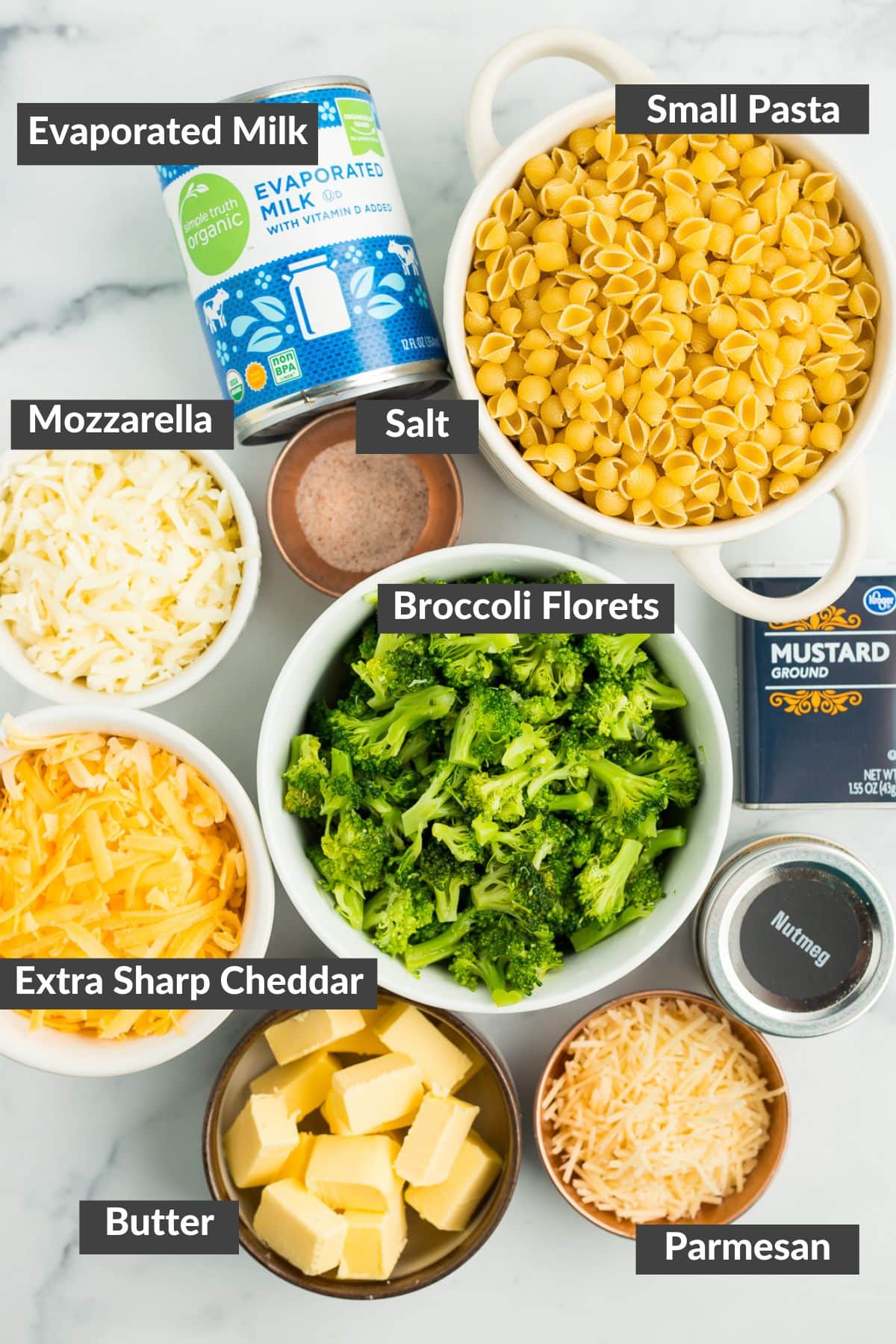 ingredients on a marbled board.