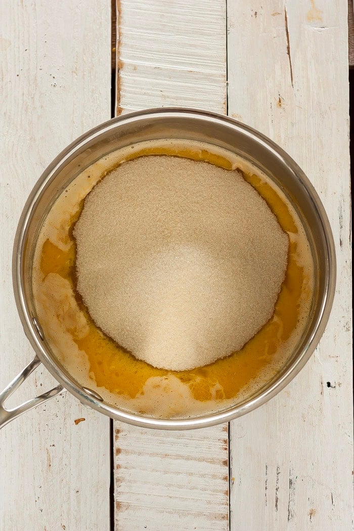 butter and sugar in a saucepan.