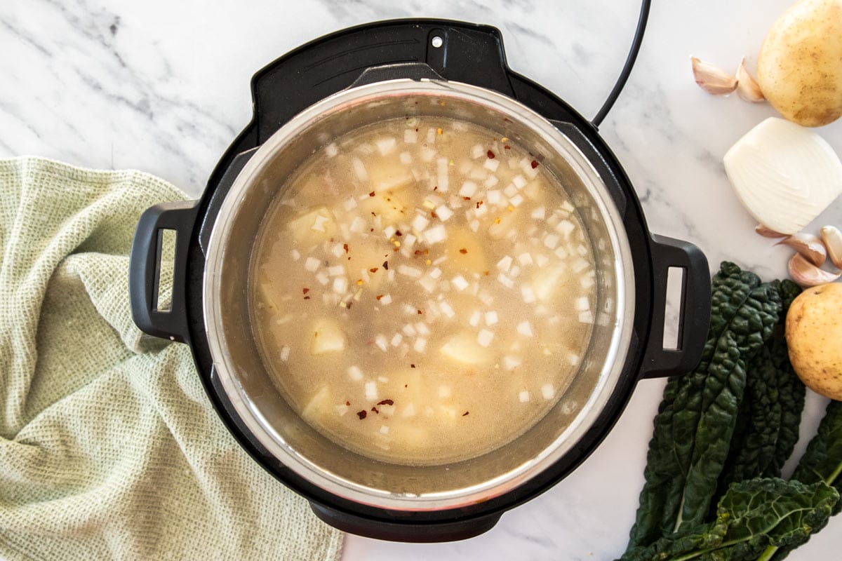 uncooked ingredients in a pressure cooker.