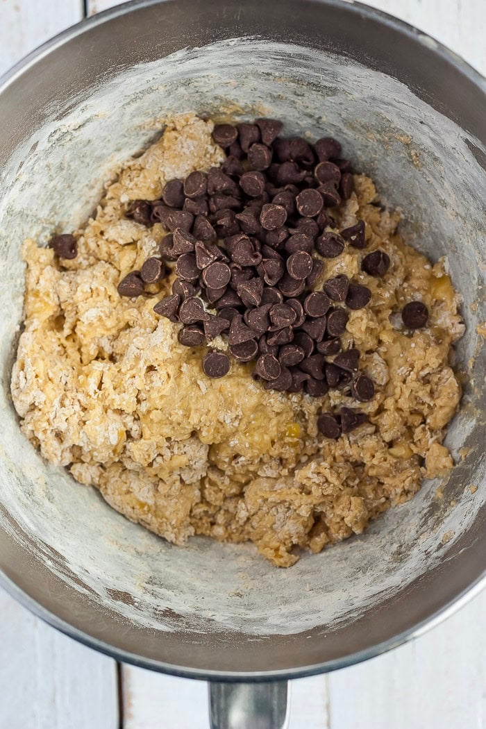 chocolate chips and batter in a mixing bowl.