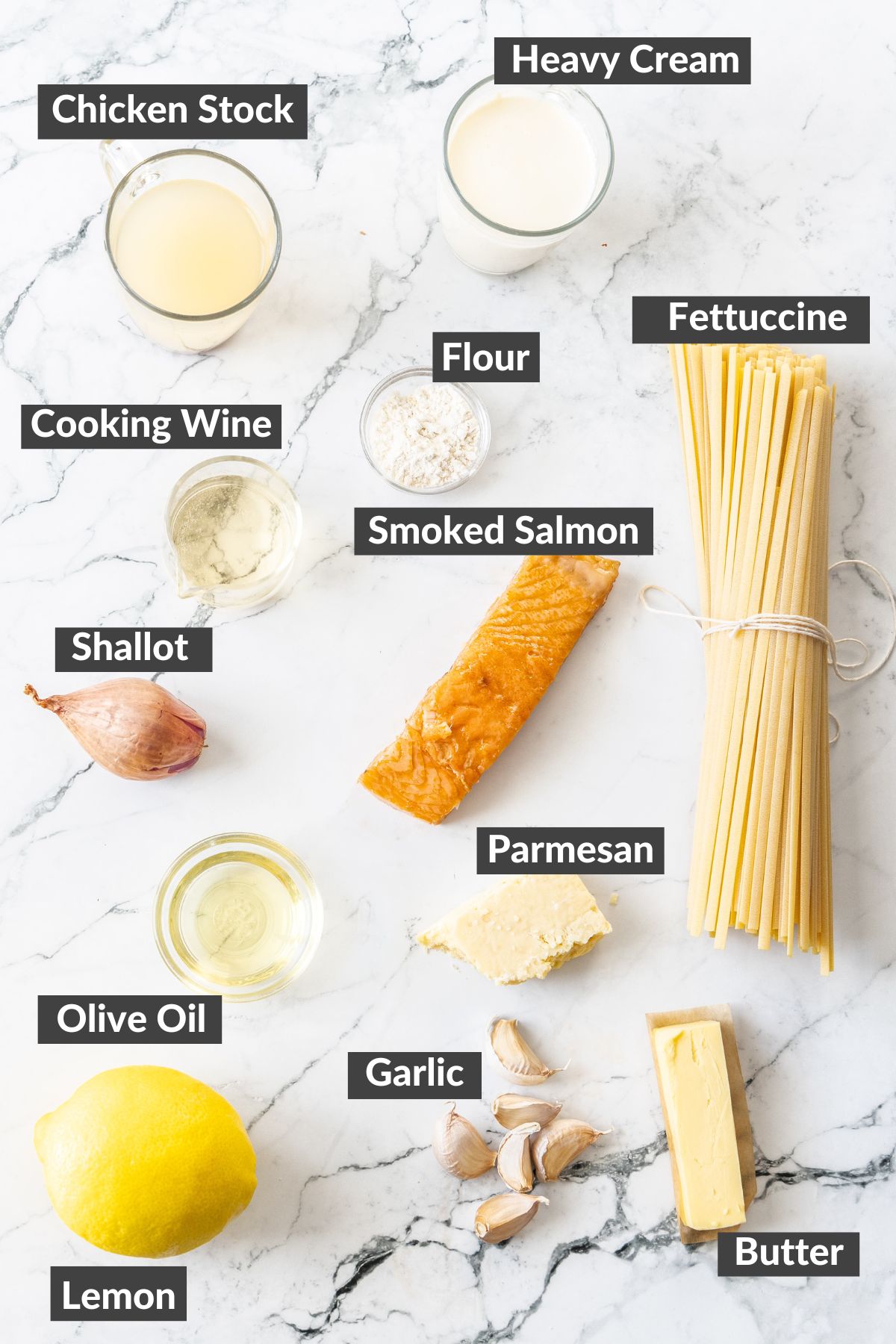 ingredients on a marbled board.