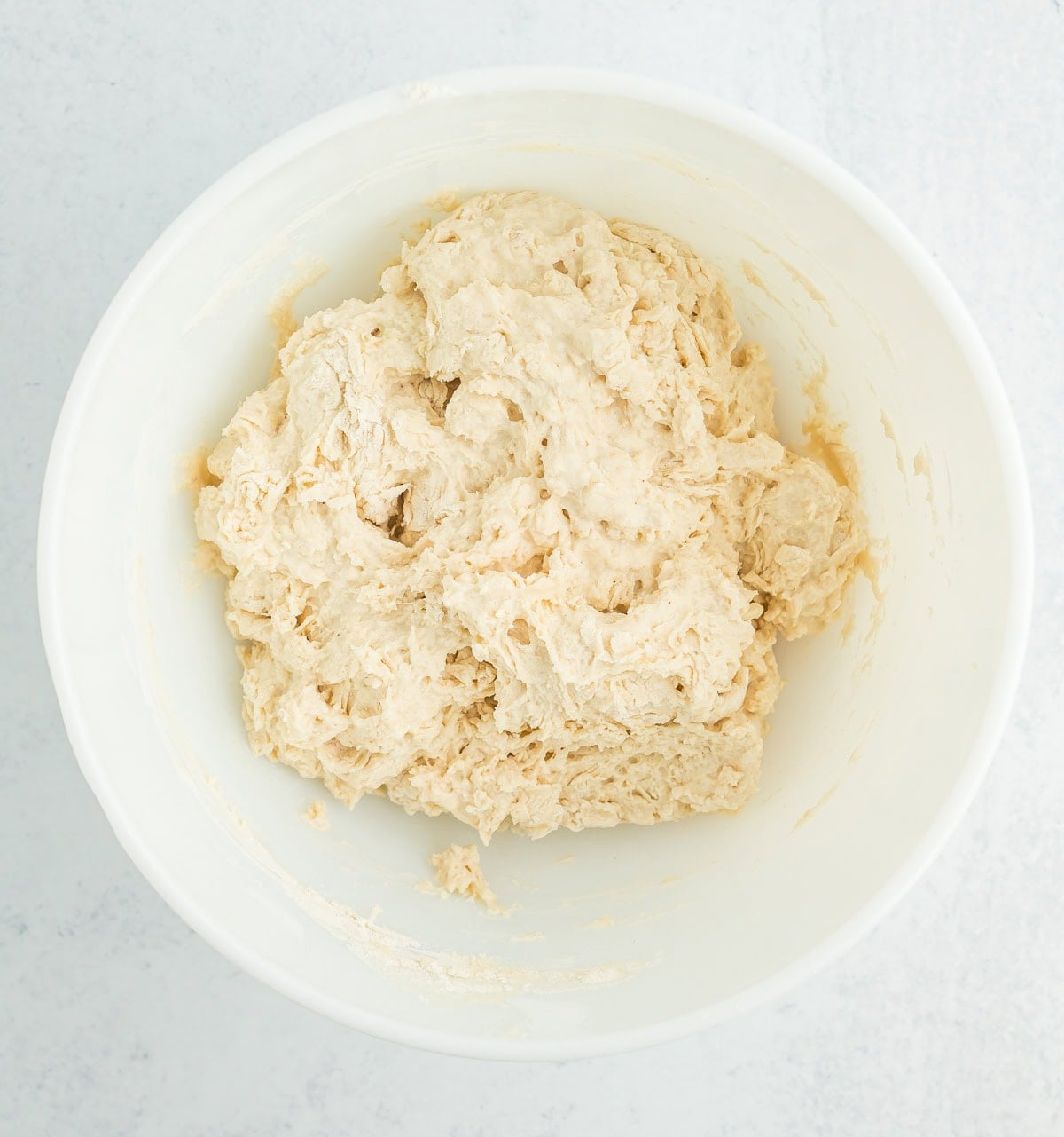 batter in a white mixing bowl.