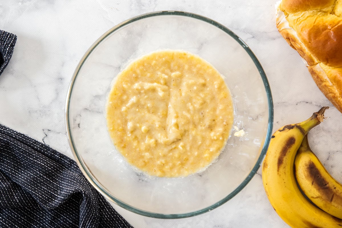 mashed bananas in a glass bowl.