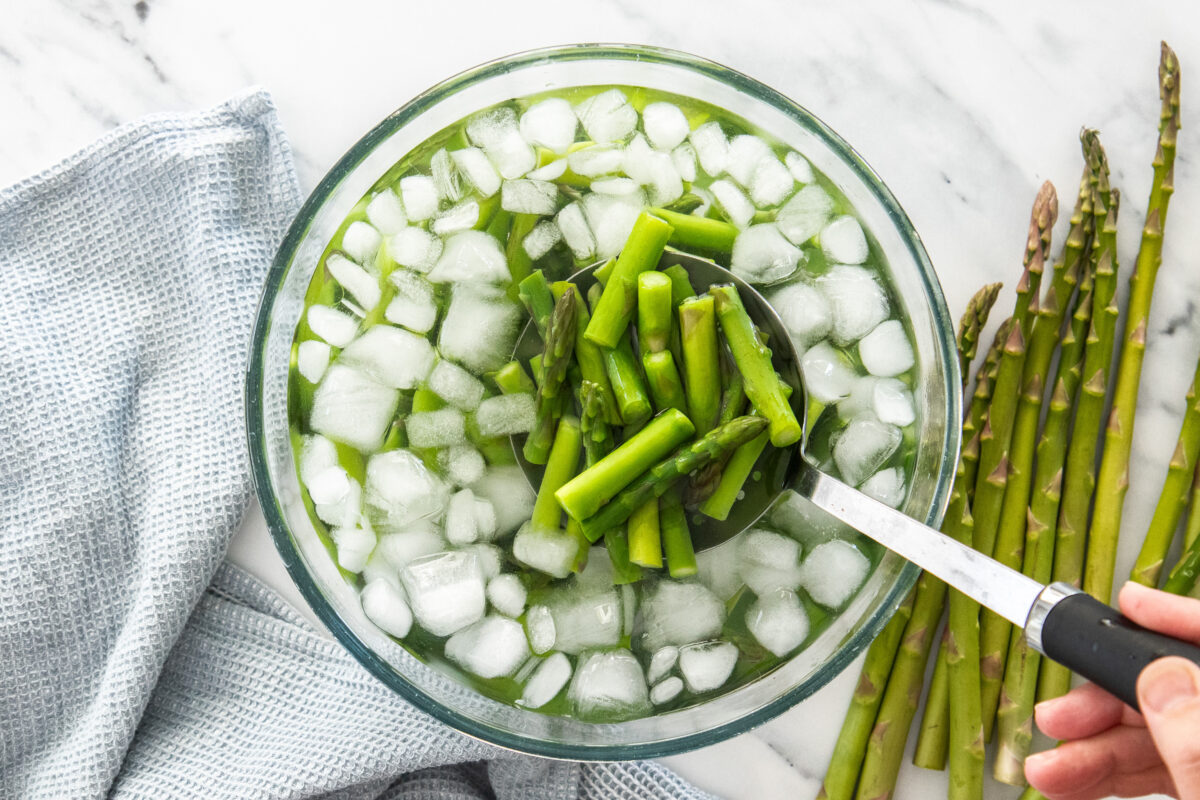 asparagus in a glass bowl of ice water.