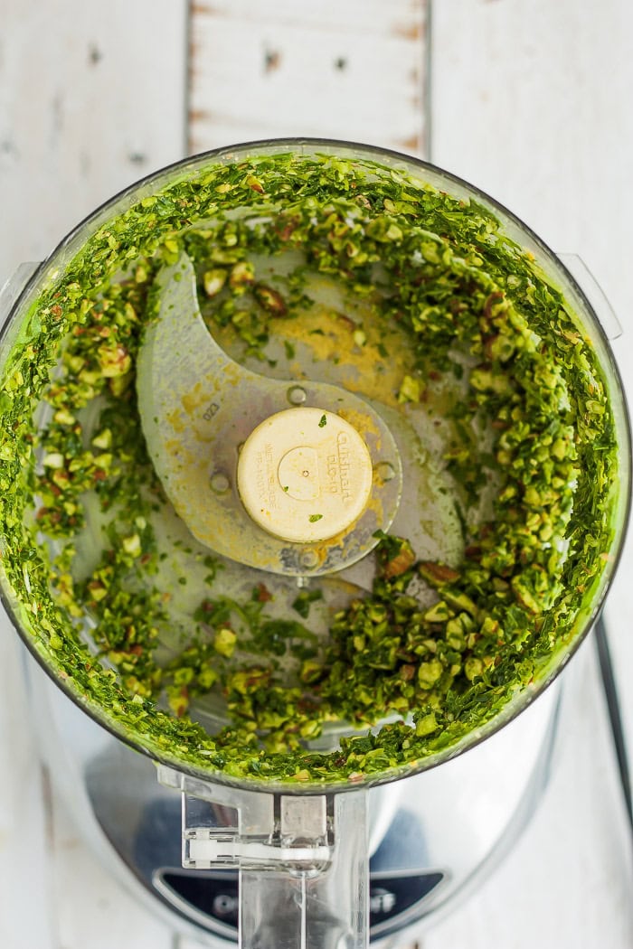 chopped ingredients in a food processor.