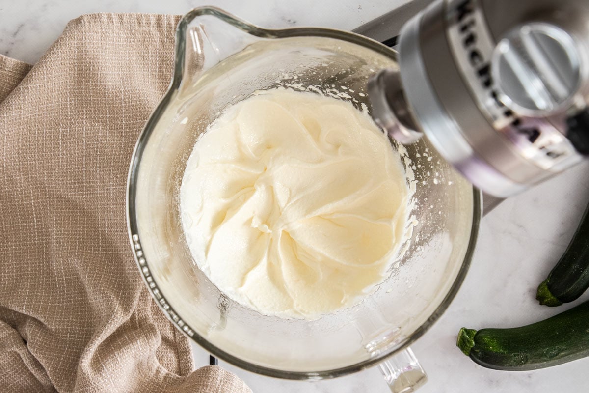 cream cheese frosting in a mixing bowl.