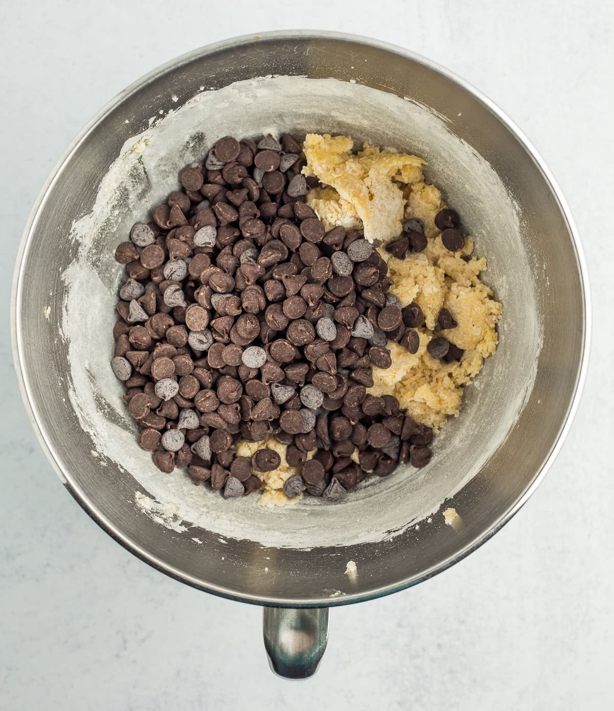 chocolate chips in a mixing bowl.