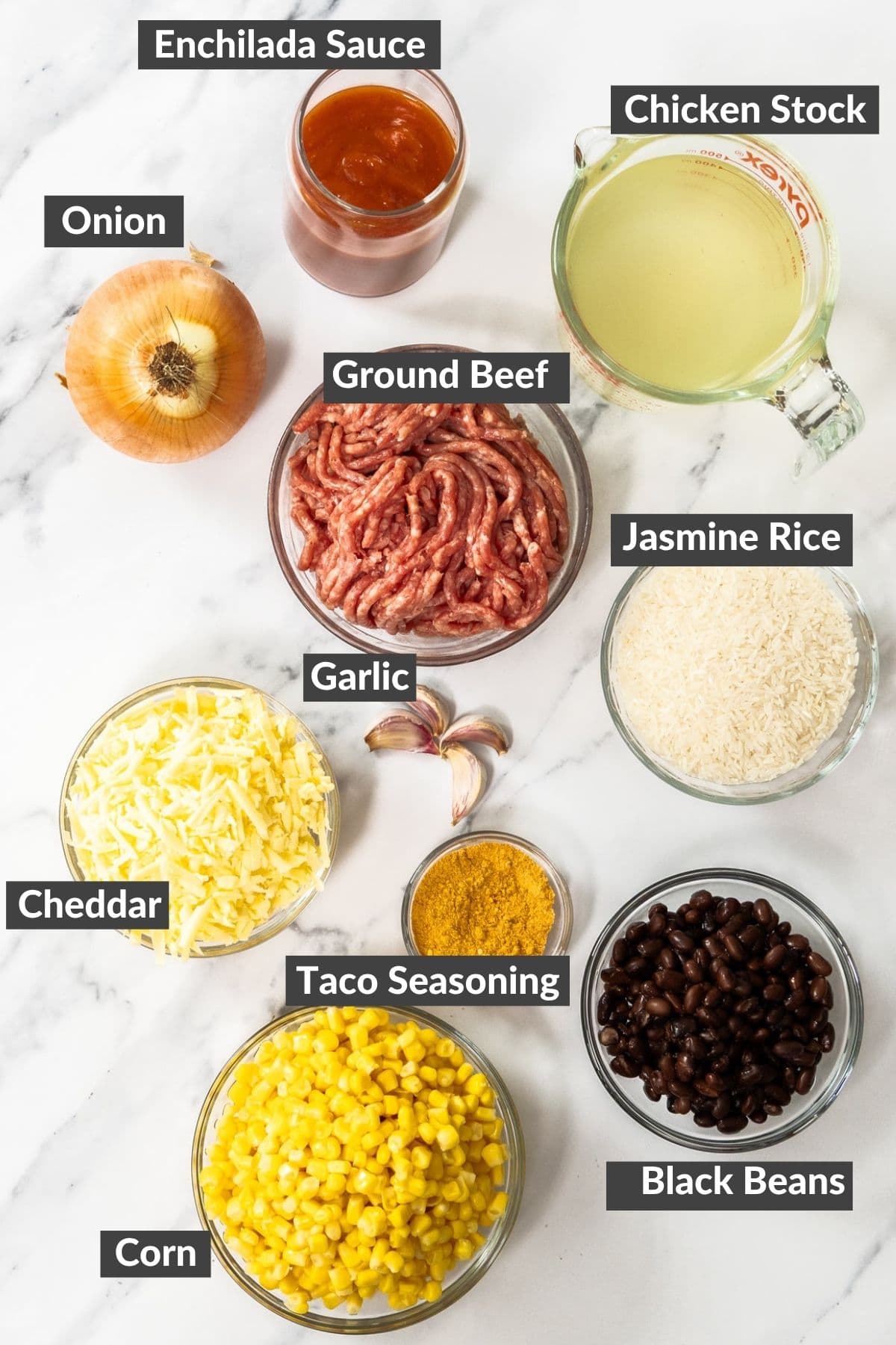 ingredients on a marbled board.