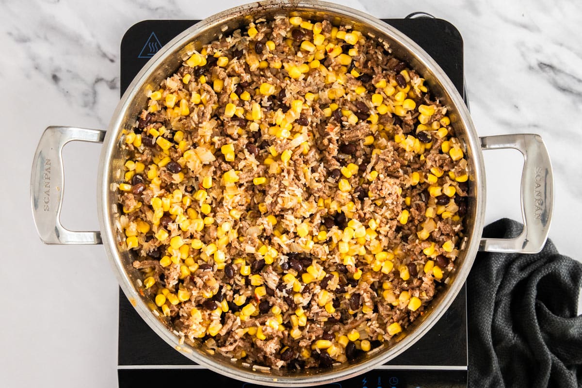 ingredients for a casserole in a skillet.