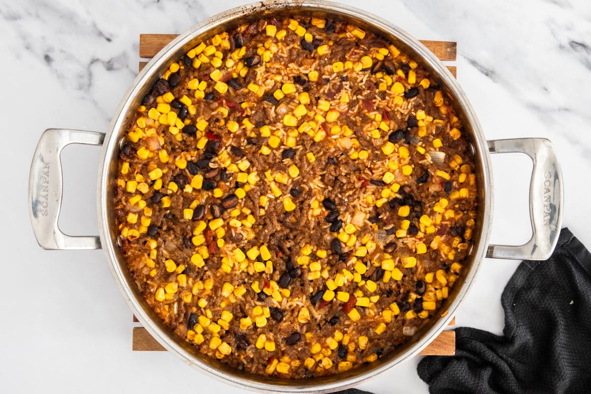 an unbaked casserole in a skillet.