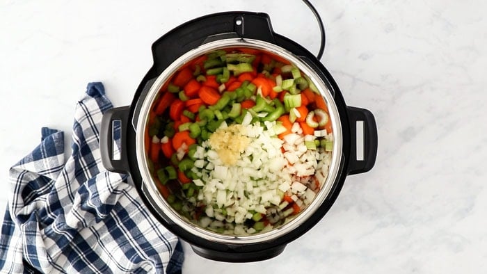 raw chopped veggies in an pressure cooker.