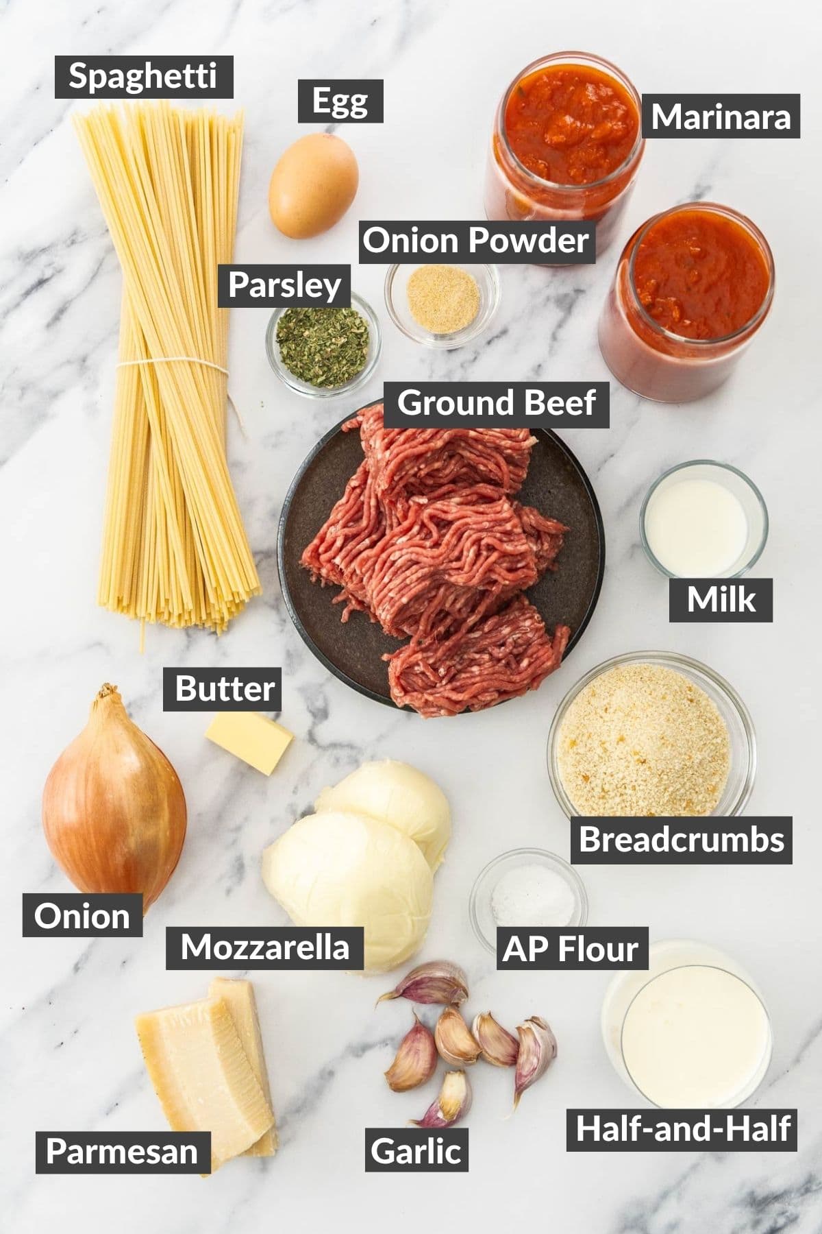 ingredients on a marbled board.